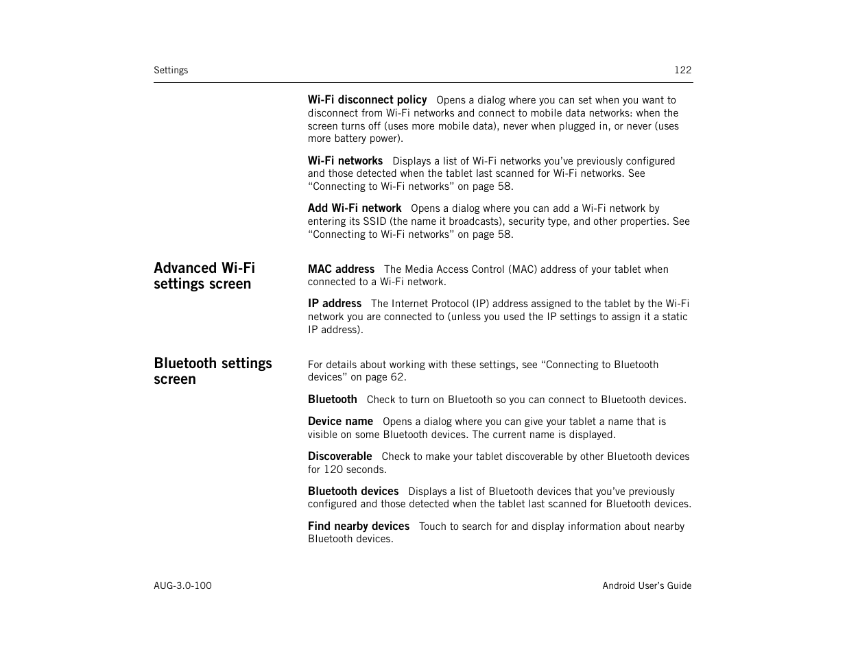 Wi-fi disconnect policy, Wi-fi networks, Add wi-fi network | Advanced wi-fi settings screen, Mac address, Ip address, Bluetooth settings screen, Bluetooth, Device name, Discoverable | Google ANDROID AUG-3.0-100 User Manual | Page 122 / 140
