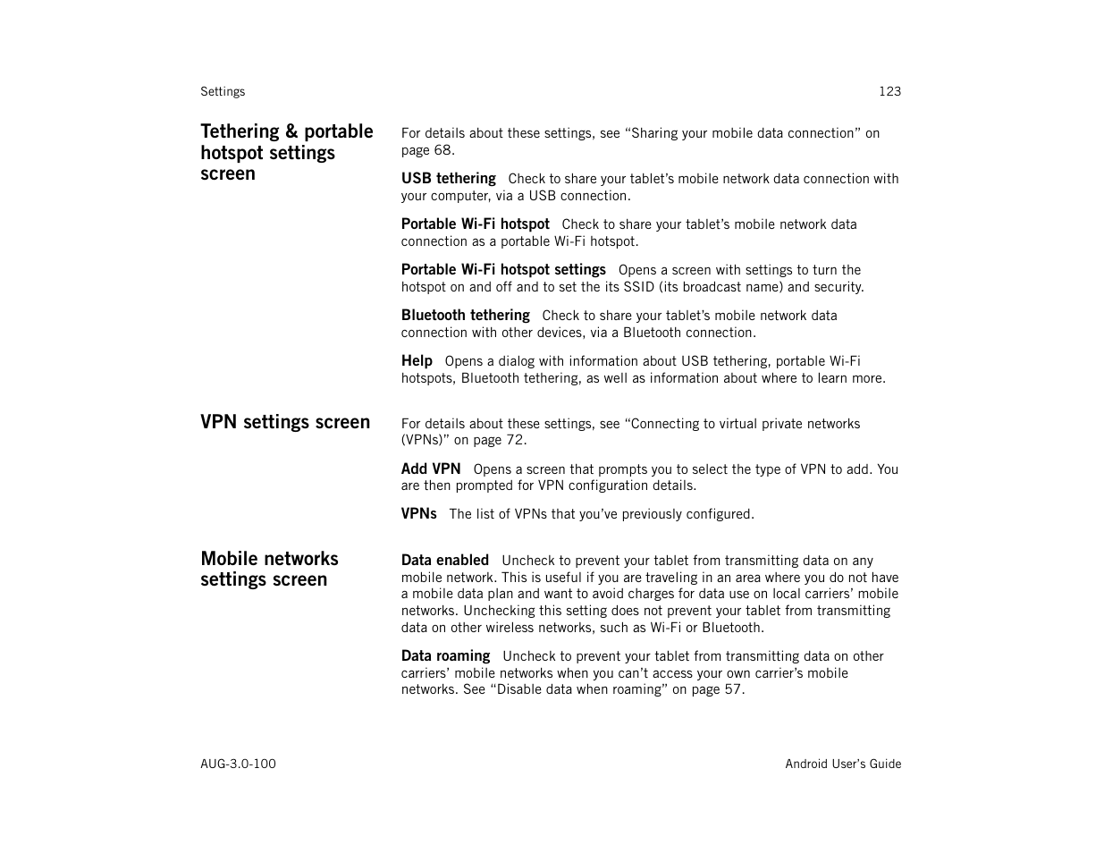 Tethering & portable hotspot settings screen, Usb tethering, Portable wi-fi hotspot | Portable wi-fi hotspot settings, Bluetooth tethering, Help, Vpn settings screen, Add vpn, Vpns, Mobile networks settings screen | Google ANDROID AUG-3.0-100 User Manual | Page 123 / 140