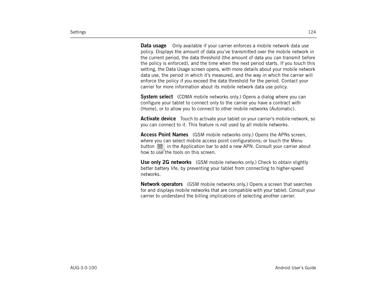 Data usage, System select, Activate device | Access point names, Use only 2g networks, Network operators | Google ANDROID AUG-3.0-100 User Manual | Page 124 / 140