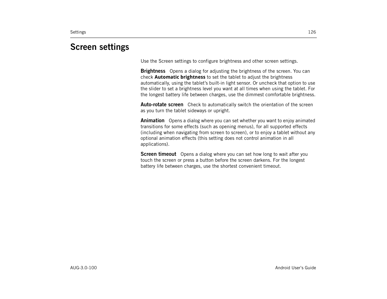 Screen settings, Brightness, Auto-rotate screen | Animation, Screen timeout, Screen settings 126 | Google ANDROID AUG-3.0-100 User Manual | Page 126 / 140