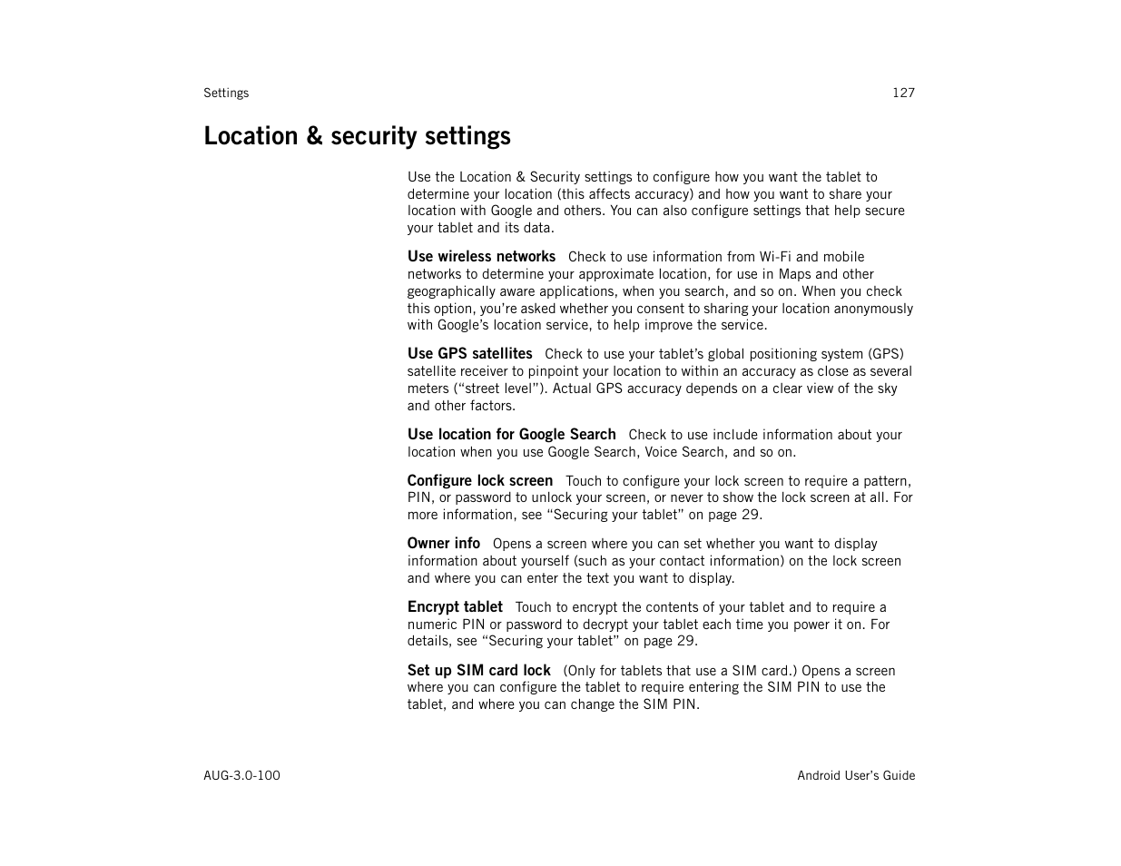 Location & security settings, Use wireless networks, Use gps satellites | Use location for google search, Configure lock screen, Owner info, Encrypt tablet, Set up sim card lock, Location & security settings 127 | Google ANDROID AUG-3.0-100 User Manual | Page 127 / 140