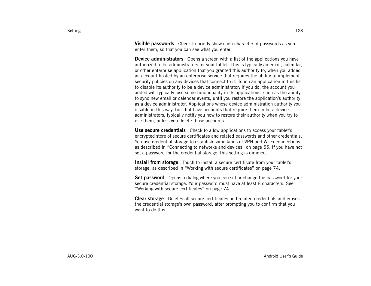 Visible passwords, Device administrators, Use secure credentials | Install from storage, Set password, Clear storage | Google ANDROID AUG-3.0-100 User Manual | Page 128 / 140
