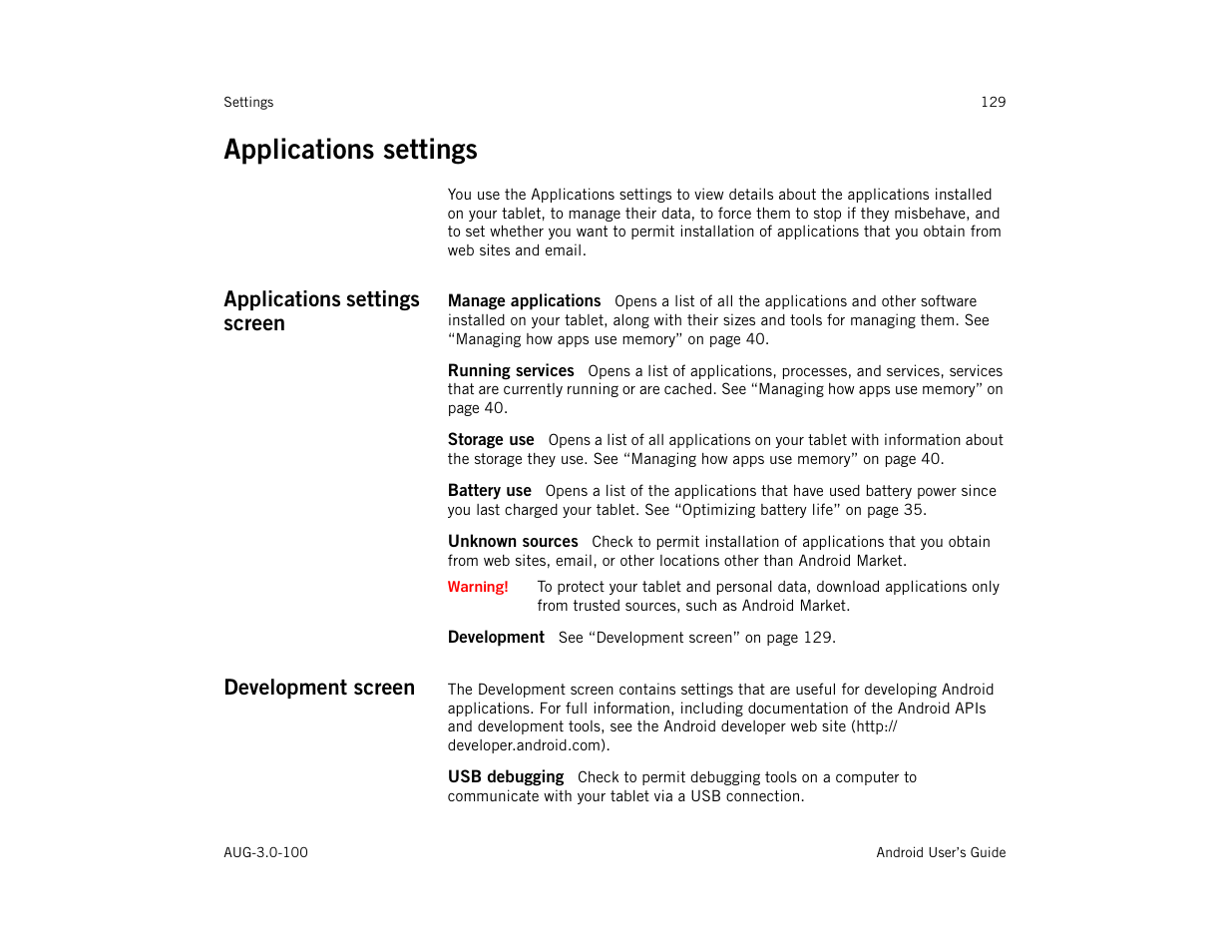 Applications settings, Applications settings screen, Manage applications | Running services, Storage use, Battery use, Unknown sources, Development, Development screen, Usb debugging | Google ANDROID AUG-3.0-100 User Manual | Page 129 / 140