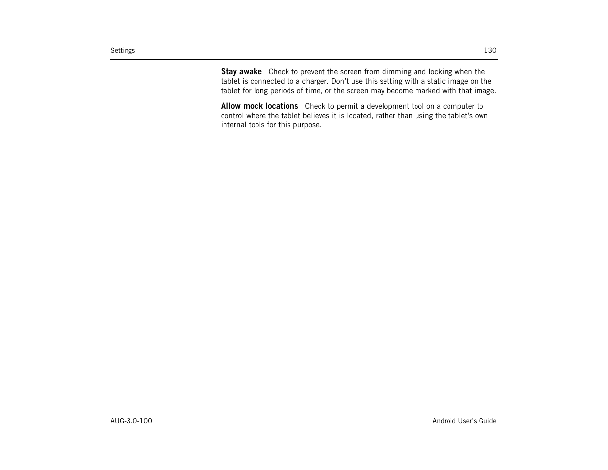 Stay awake, Allow mock locations | Google ANDROID AUG-3.0-100 User Manual | Page 130 / 140
