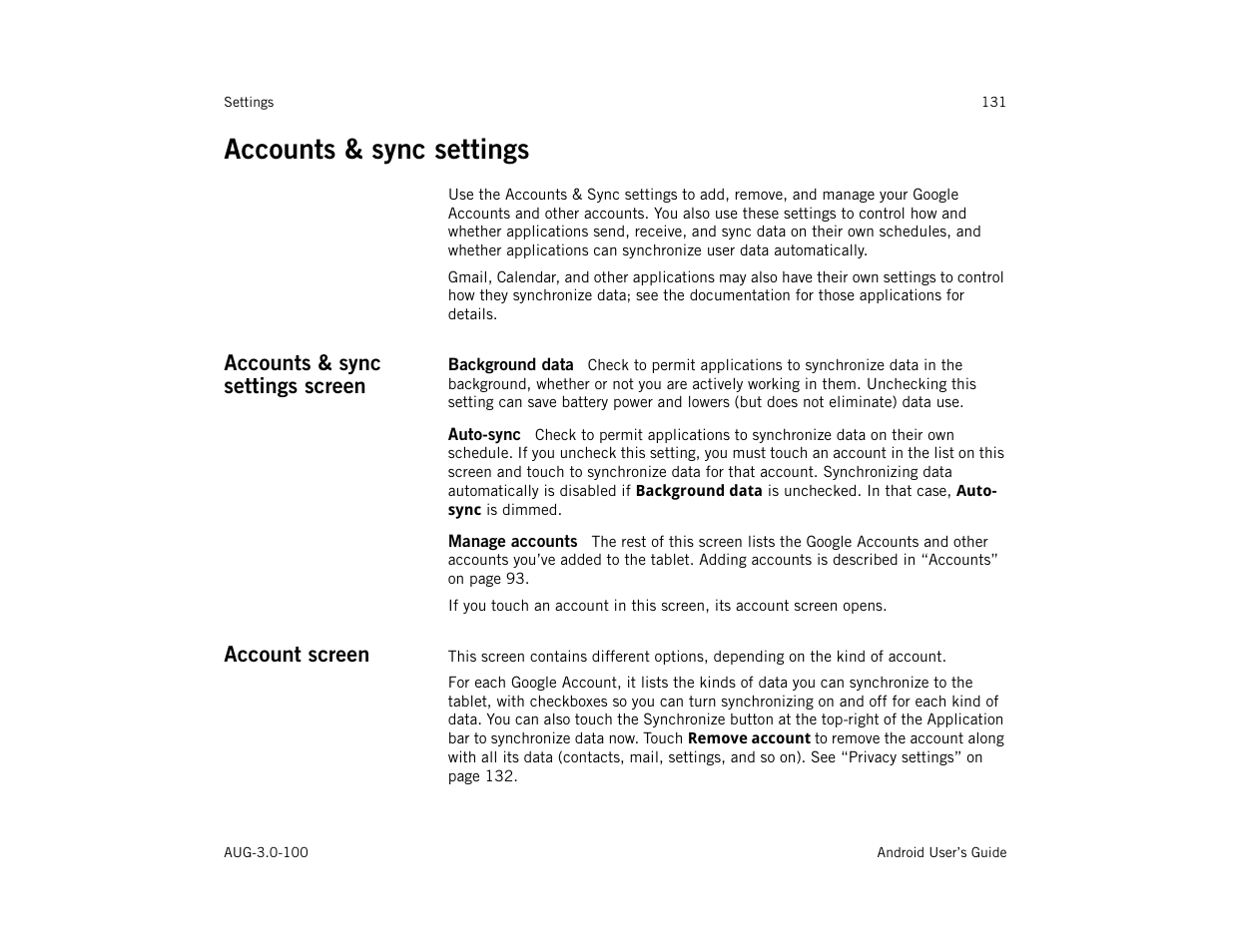 Accounts & sync settings, Accounts & sync settings screen, Background data | Auto-sync, Manage accounts, Account screen, Accounts & sync settings 131 | Google ANDROID AUG-3.0-100 User Manual | Page 131 / 140