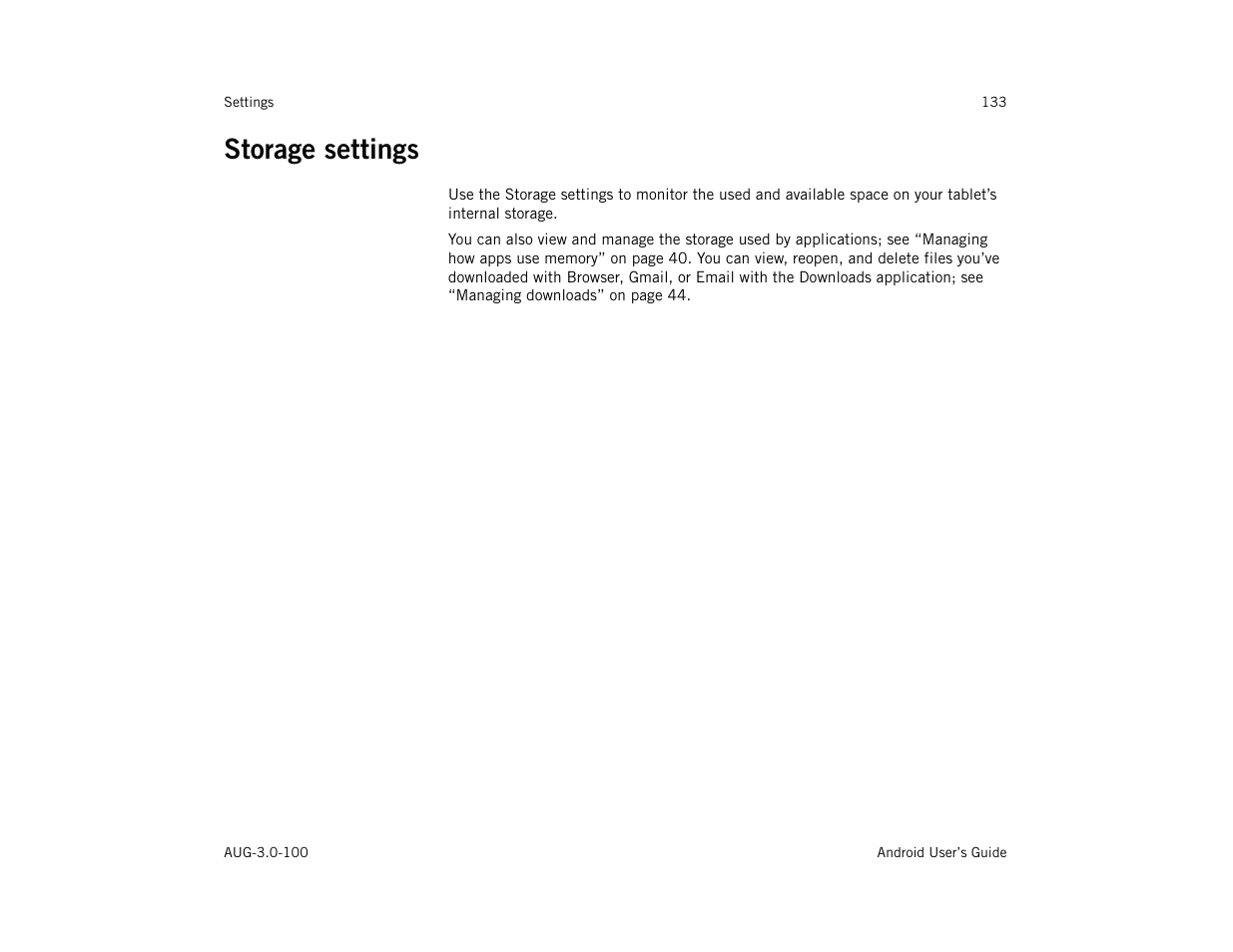 Storage settings, Storage settings 133 | Google ANDROID AUG-3.0-100 User Manual | Page 133 / 140