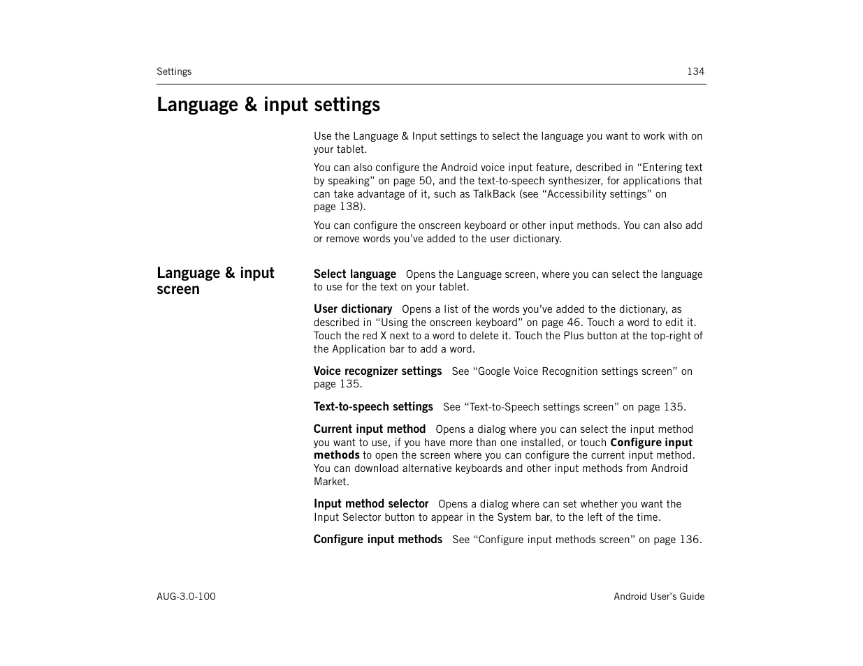 Language & input settings, Language & input screen, Select language | User dictionary, Voice recognizer settings, Text-to-speech settings, Current input method, Input method selector, Configure input methods, Language & input settings 134 | Google ANDROID AUG-3.0-100 User Manual | Page 134 / 140