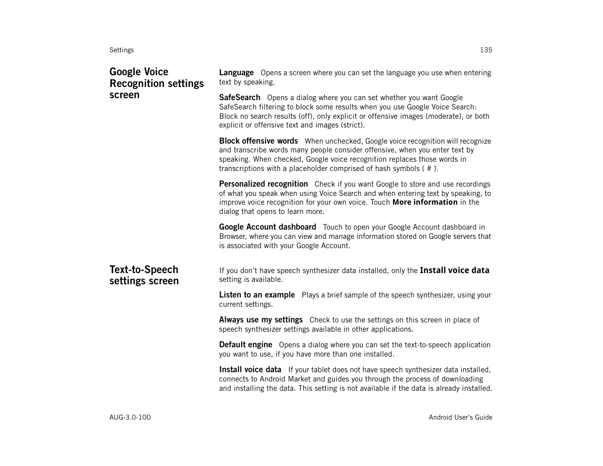Google voice recognition settings screen, Language, Safesearch | Block offensive words, Personalized recognition, Google account dashboard, Text-to-speech settings screen, Listen to an example, Always use my settings, Default engine | Google ANDROID AUG-3.0-100 User Manual | Page 135 / 140