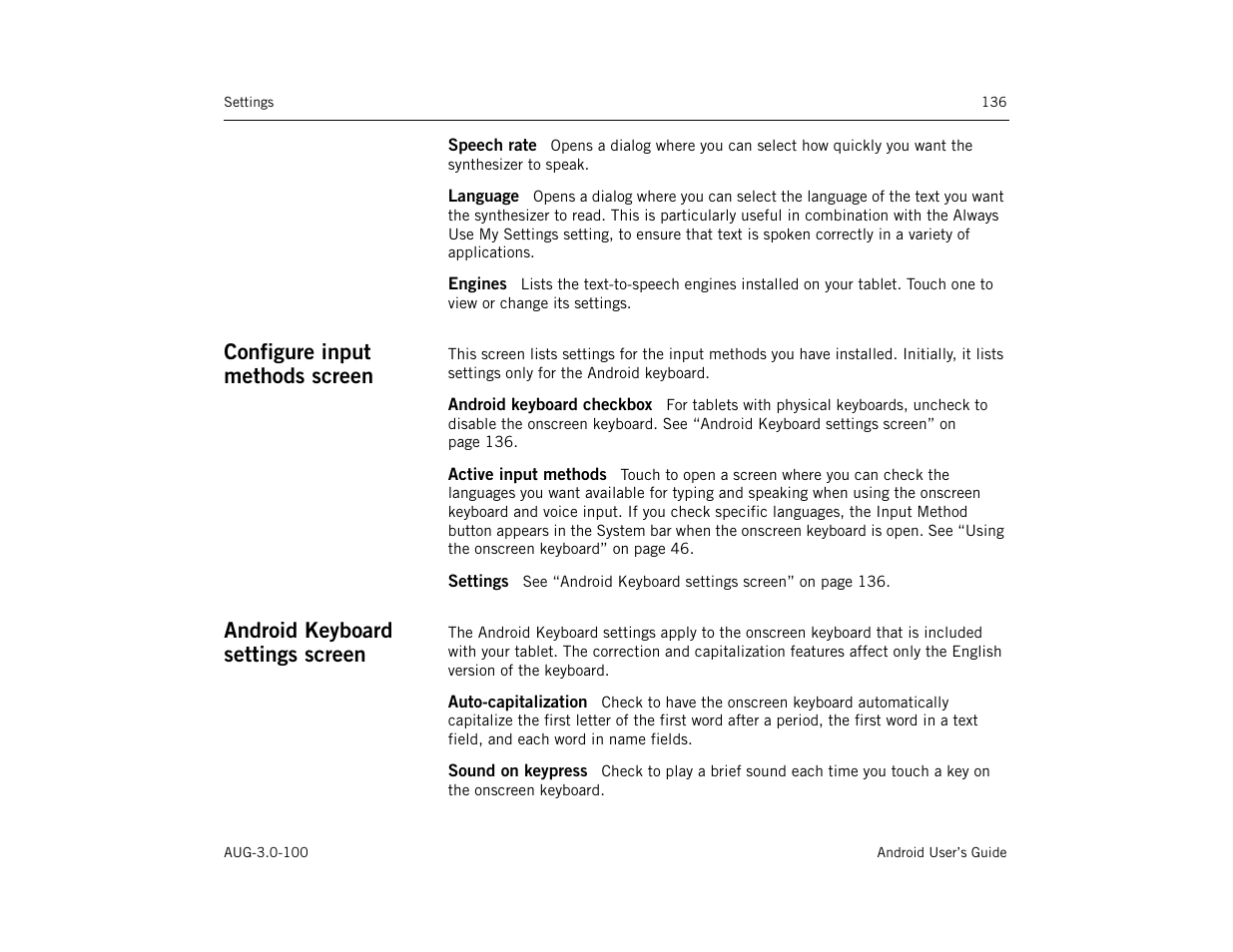 Speech rate, Language, Engines | Configure input methods screen, Android keyboard checkbox, Active input methods, Settings, Android keyboard settings screen, Auto-capitalization, Sound on keypress | Google ANDROID AUG-3.0-100 User Manual | Page 136 / 140
