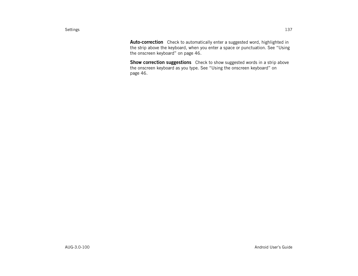 Auto-correction, Show correction suggestions | Google ANDROID AUG-3.0-100 User Manual | Page 137 / 140