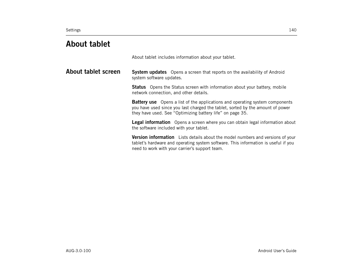 About tablet, About tablet screen, System updates | Status, Battery use, Legal information, Version information, About tablet 140, About tablet screen 140 | Google ANDROID AUG-3.0-100 User Manual | Page 140 / 140