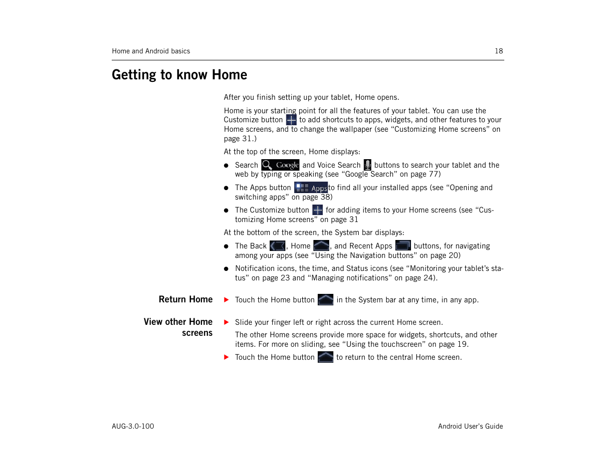 Getting to know home, Return home, View other home screens | Getting to know home 18 | Google ANDROID AUG-3.0-100 User Manual | Page 18 / 140