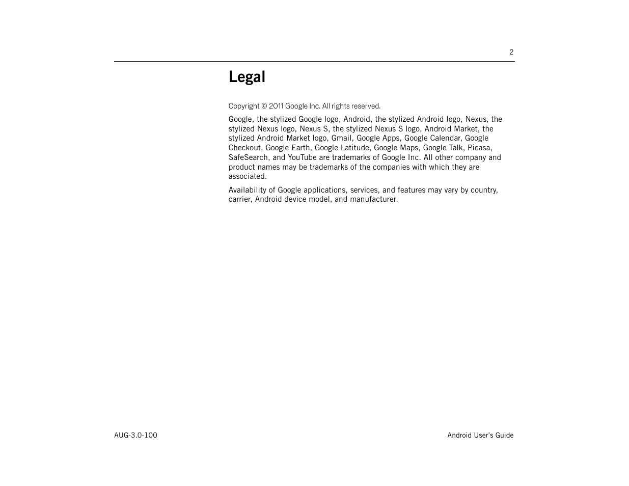 Legal | Google ANDROID AUG-3.0-100 User Manual | Page 2 / 140