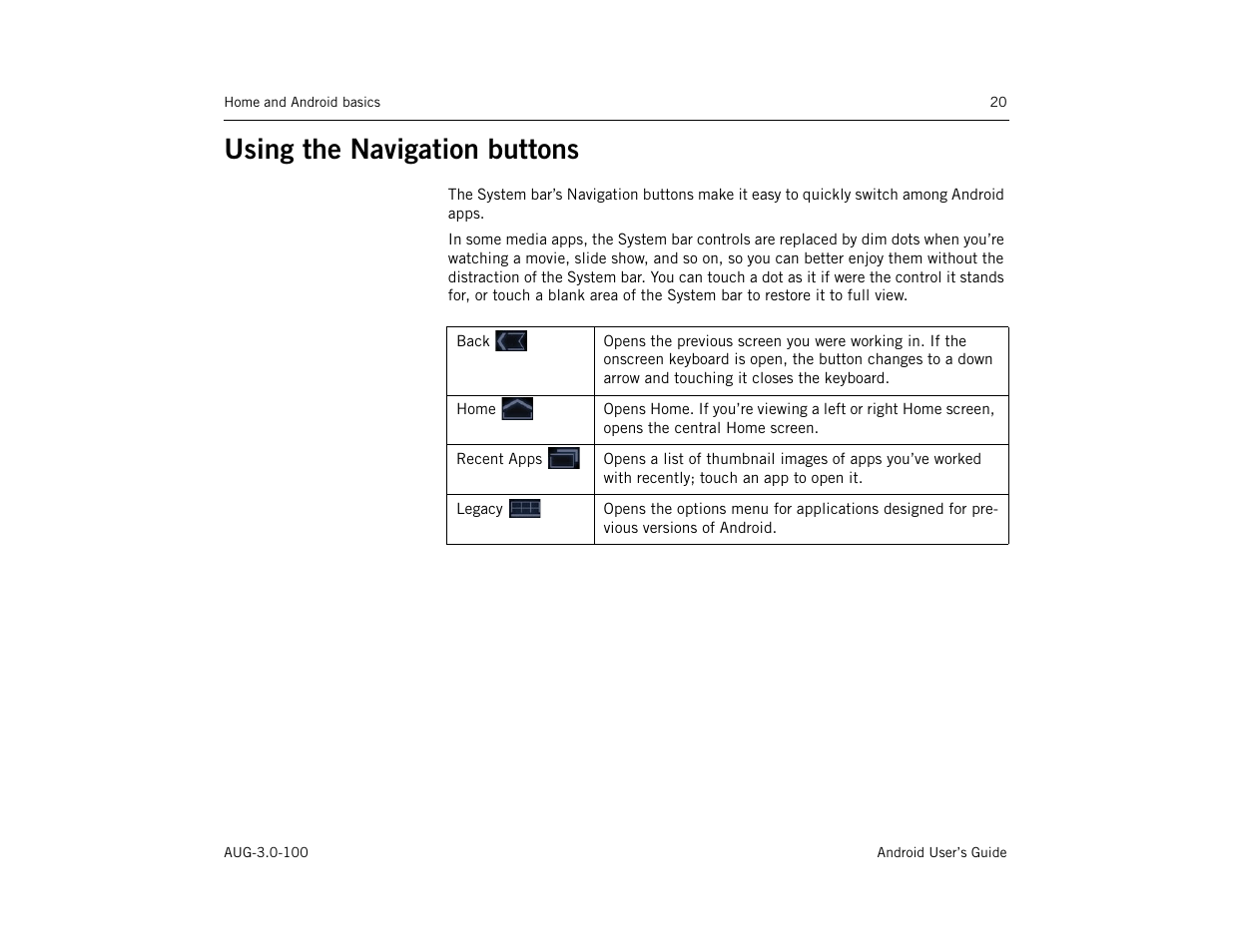 Using the navigation buttons, Using the navigation buttons 20 | Google ANDROID AUG-3.0-100 User Manual | Page 20 / 140