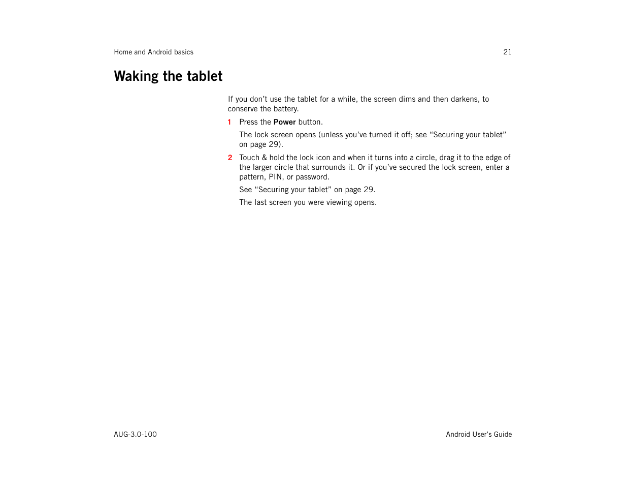 Waking the tablet, Waking the tablet 21 | Google ANDROID AUG-3.0-100 User Manual | Page 21 / 140