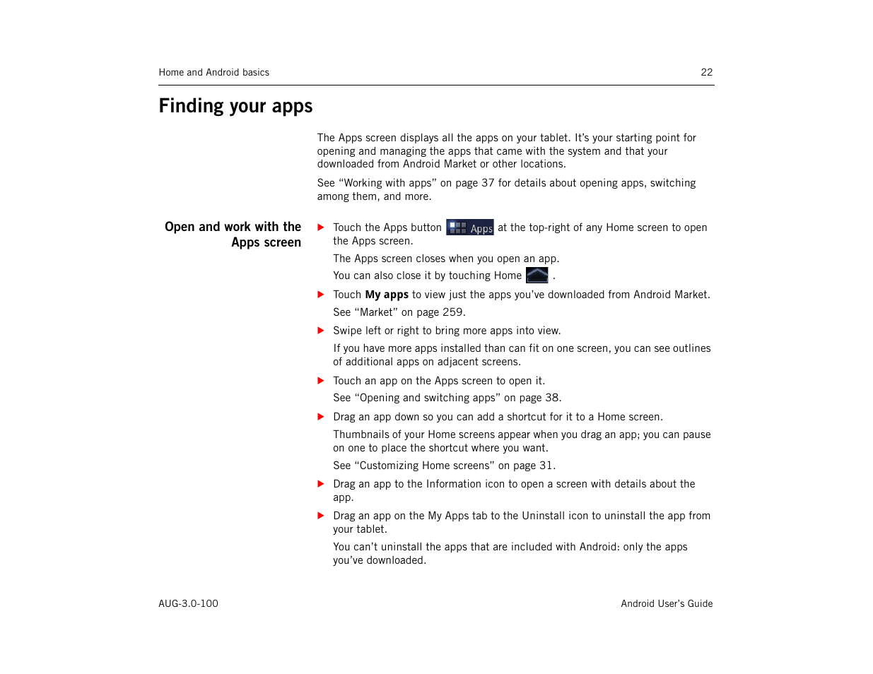 Finding your apps, Open and work with the apps screen, Finding your apps 22 | Google ANDROID AUG-3.0-100 User Manual | Page 22 / 140