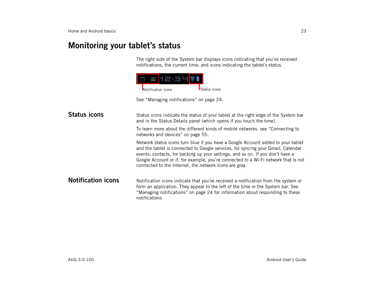 Monitoring your tablet’s status, Status icons, Notification icons | Monitoring your tablet’s status 23, Status icons 23 notification icons 23 | Google ANDROID AUG-3.0-100 User Manual | Page 23 / 140