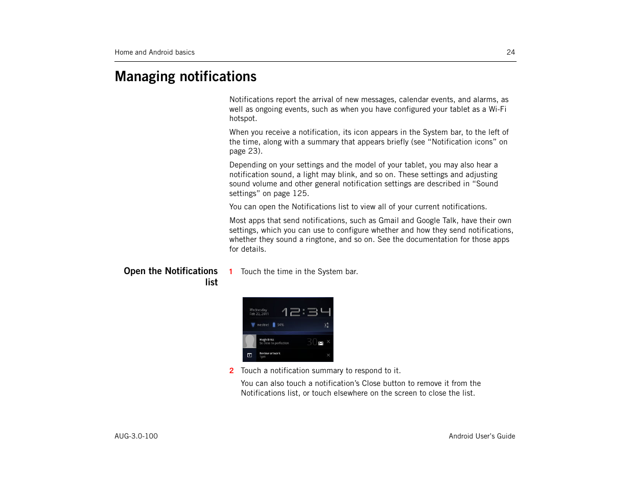 Managing notifications, Open the notifications list, Managing notifications 24 | Google ANDROID AUG-3.0-100 User Manual | Page 24 / 140