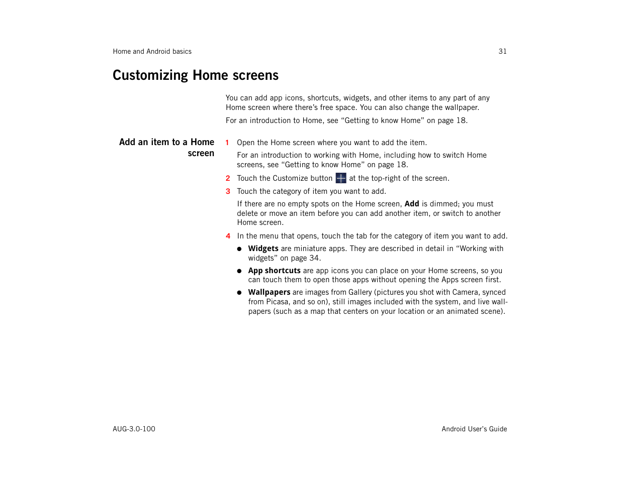 Customizing home screens, Add an item to a home screen, Customizing home screens 31 | See “cus | Google ANDROID AUG-3.0-100 User Manual | Page 31 / 140