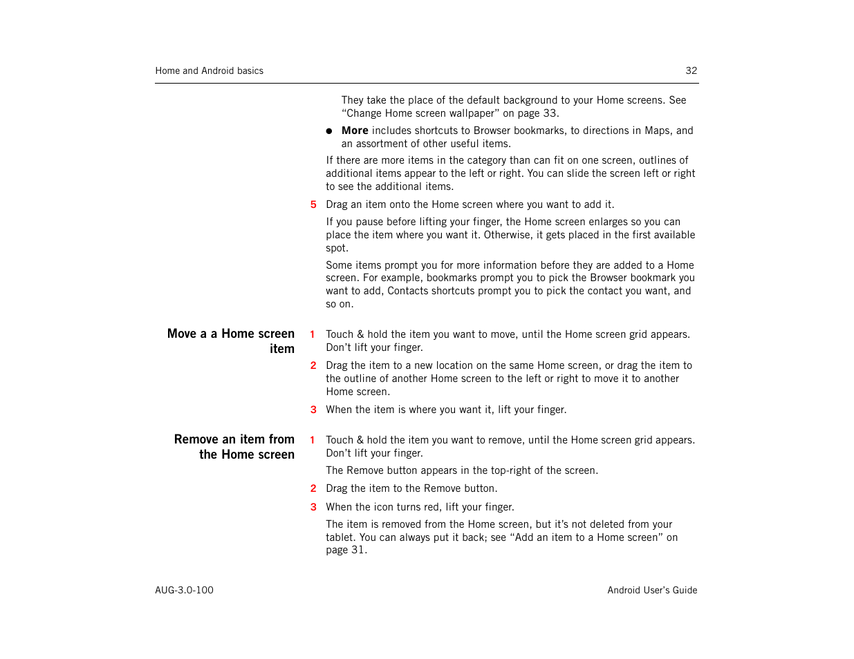 Move a a home screen item, Remove an item from the home screen | Google ANDROID AUG-3.0-100 User Manual | Page 32 / 140