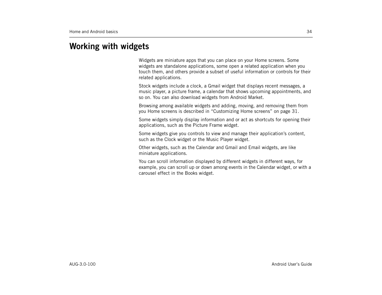 Working with widgets, Working with widgets 34 | Google ANDROID AUG-3.0-100 User Manual | Page 34 / 140