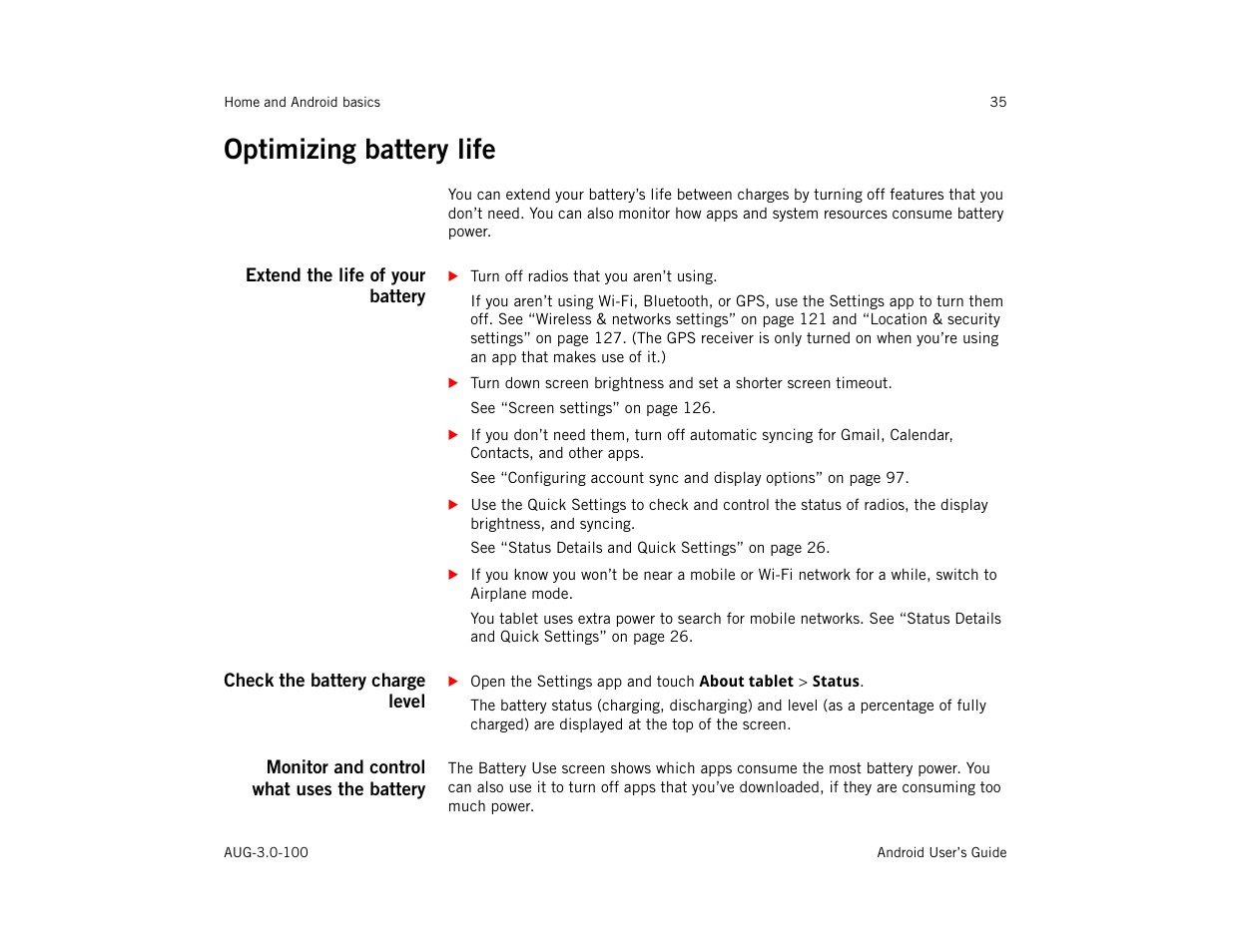 Optimizing battery life, Extend the life of your battery, Check the battery charge level | Monitor and control what uses the battery, Optimizing battery life 35 | Google ANDROID AUG-3.0-100 User Manual | Page 35 / 140