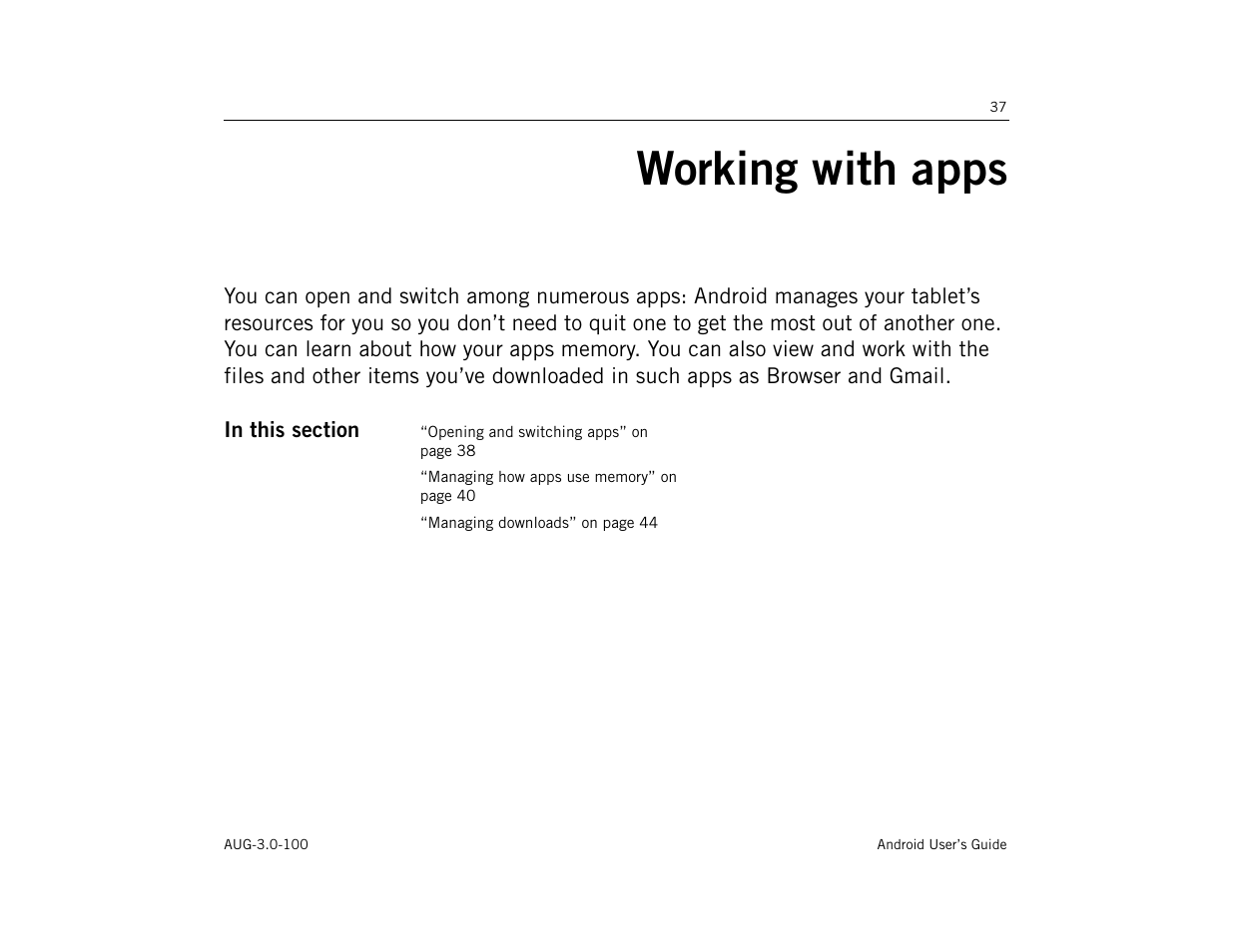 Working with apps, Working with apps 37 | Google ANDROID AUG-3.0-100 User Manual | Page 37 / 140