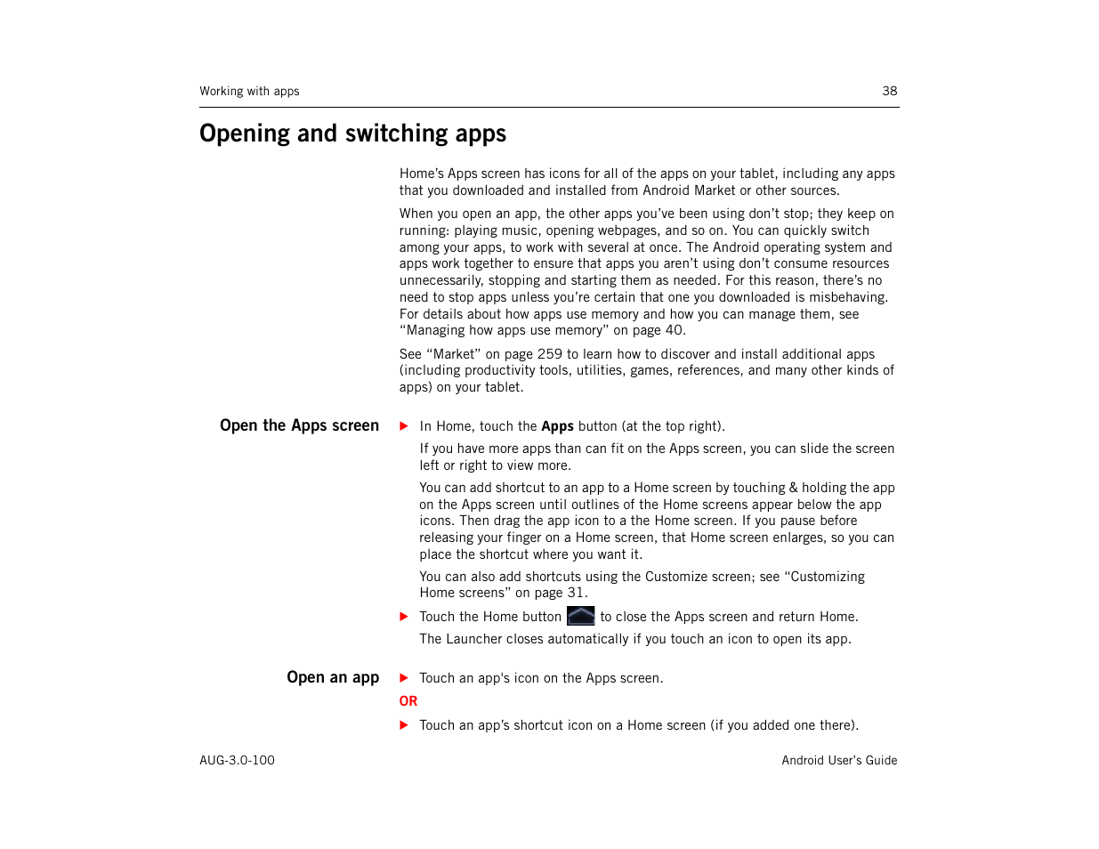 Opening and switching apps, Open the apps screen, Open an app | Opening and switching apps 38, See “opening and | Google ANDROID AUG-3.0-100 User Manual | Page 38 / 140
