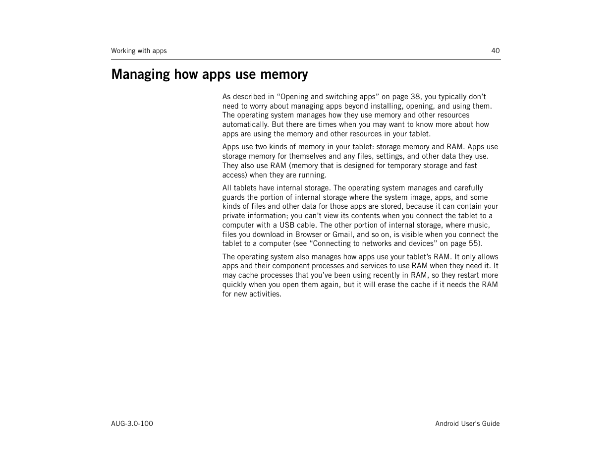 Managing how apps use memory, Managing how apps use memory 40 | Google ANDROID AUG-3.0-100 User Manual | Page 40 / 140