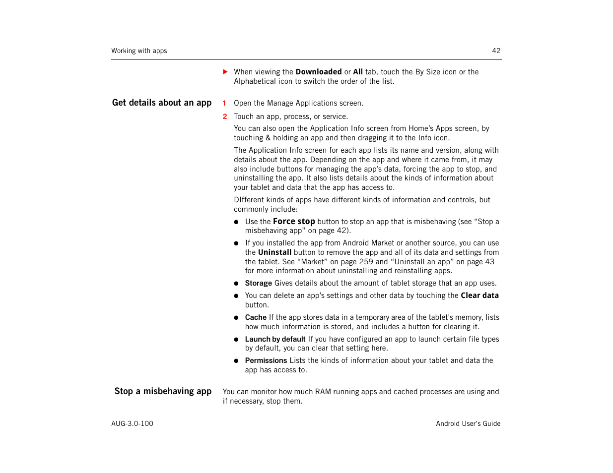 Get details about an app, Stop a misbehaving app | Google ANDROID AUG-3.0-100 User Manual | Page 42 / 140