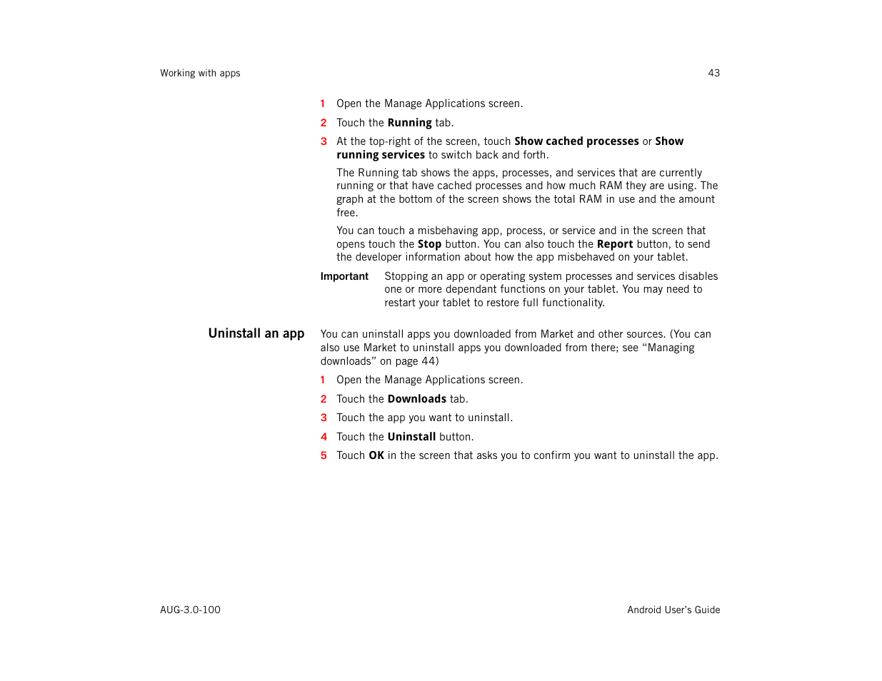 Uninstall an app | Google ANDROID AUG-3.0-100 User Manual | Page 43 / 140