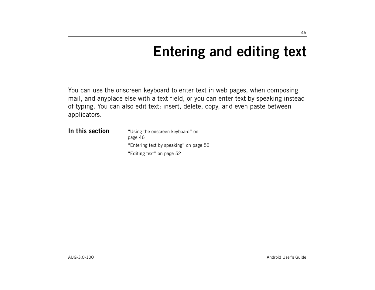 Entering and editing text, Entering and editing text 45 | Google ANDROID AUG-3.0-100 User Manual | Page 45 / 140