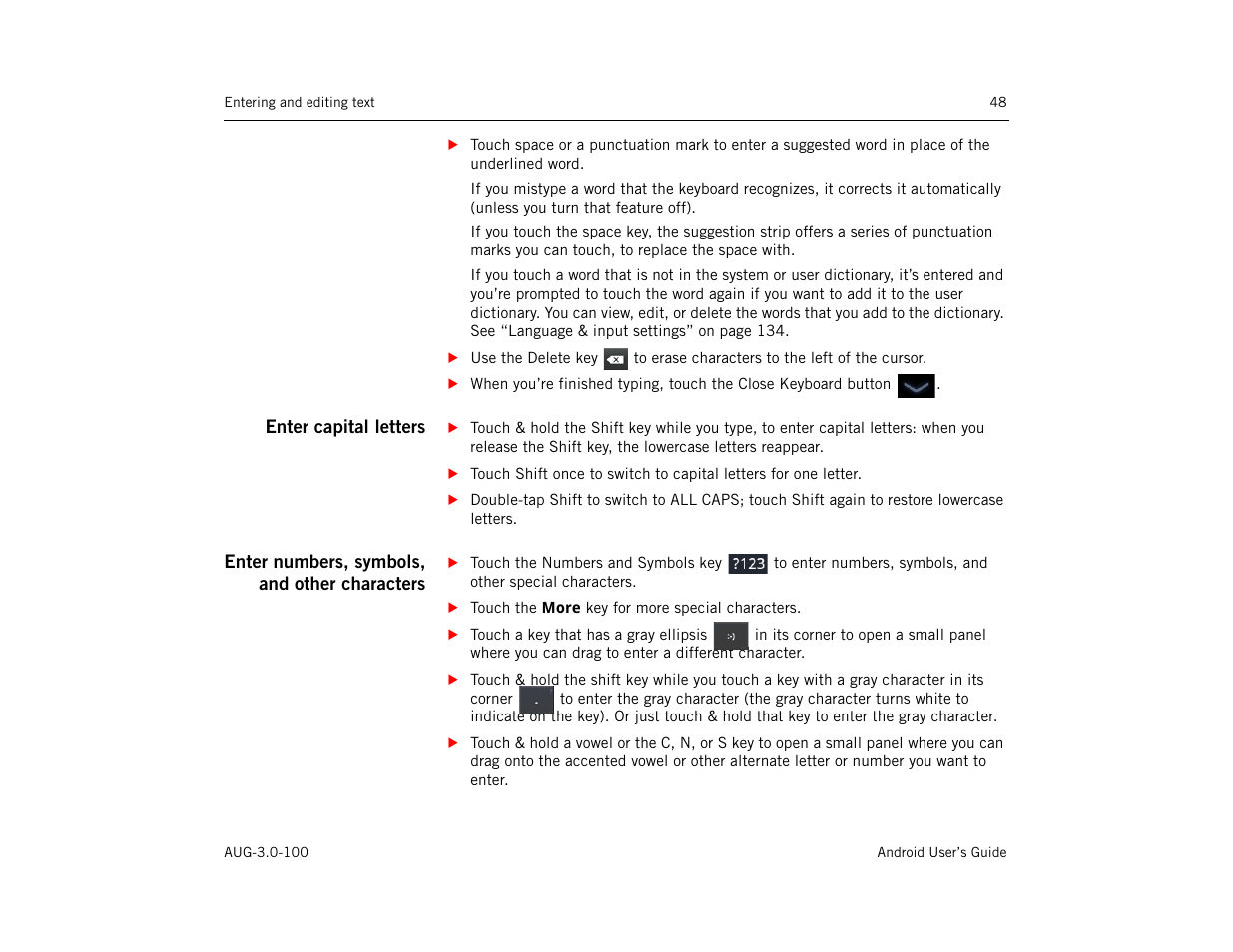 Enter capital letters, Enter numbers, symbols, and other characters | Google ANDROID AUG-3.0-100 User Manual | Page 48 / 140