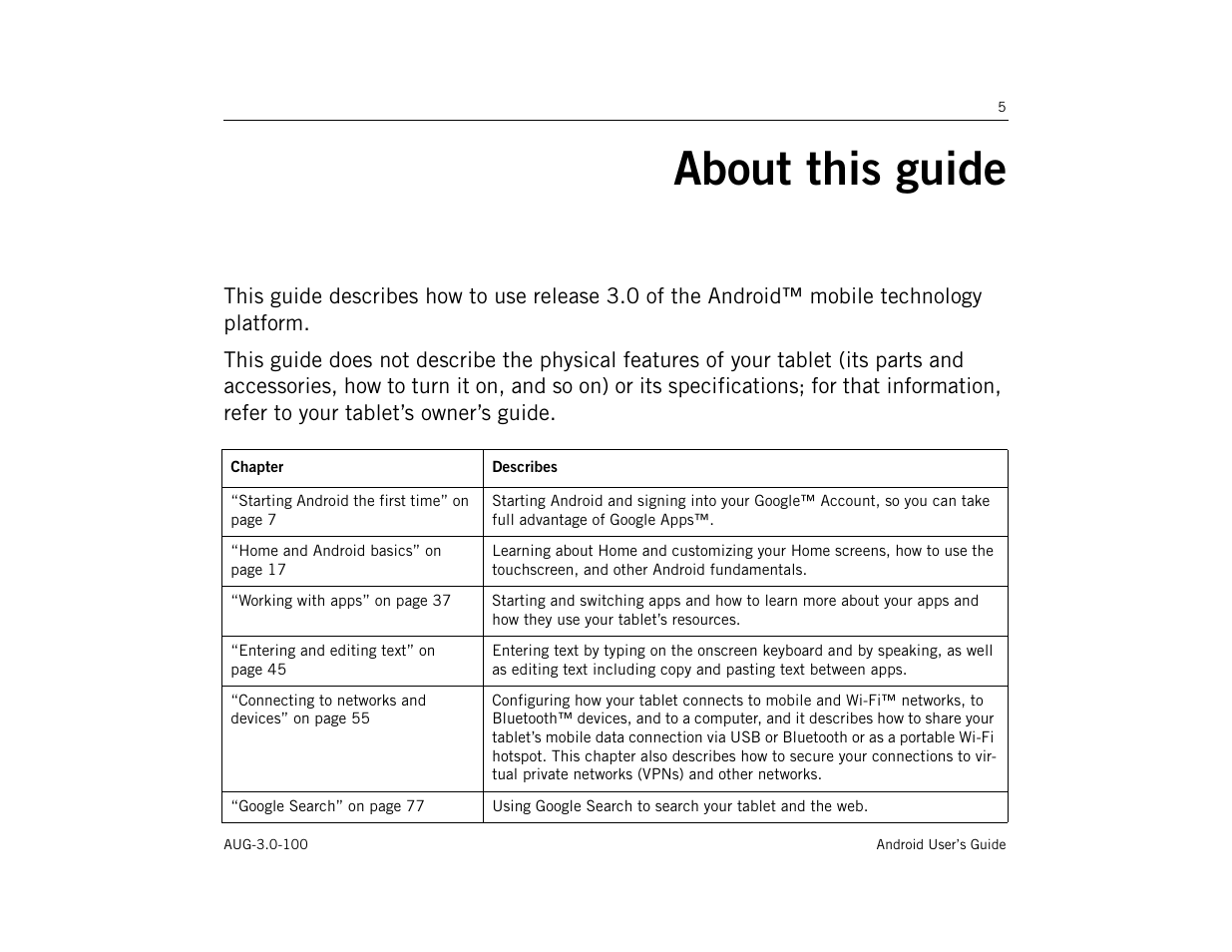 About this guide, About this guide 5 | Google ANDROID AUG-3.0-100 User Manual | Page 5 / 140