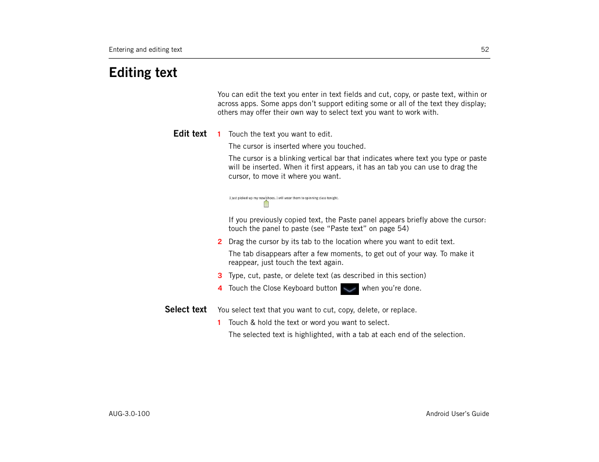 Editing text, Edit text, Select text | Editing text 52 | Google ANDROID AUG-3.0-100 User Manual | Page 52 / 140