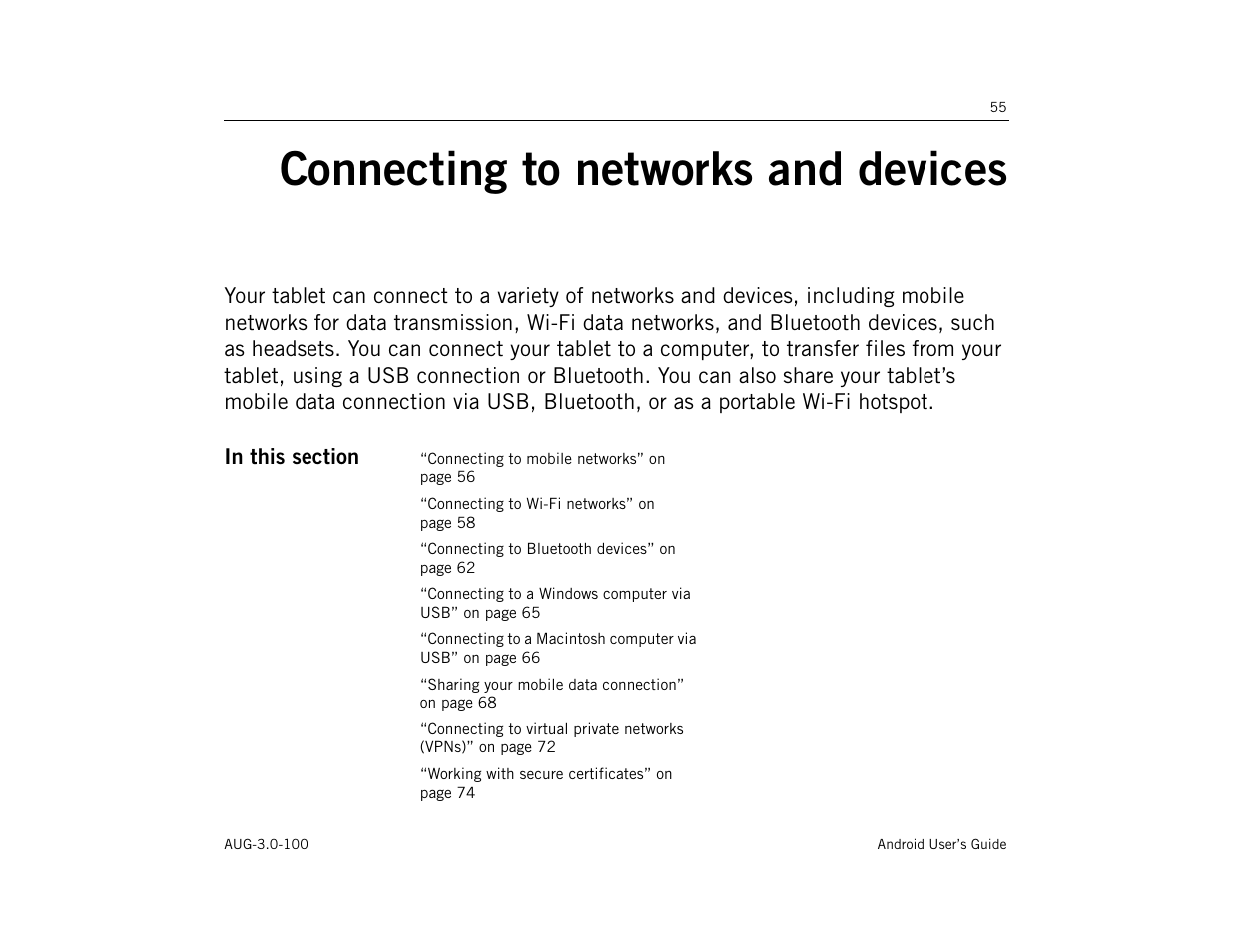 Connecting to networks and devices, Connecting to networks and devices 55 | Google ANDROID AUG-3.0-100 User Manual | Page 55 / 140