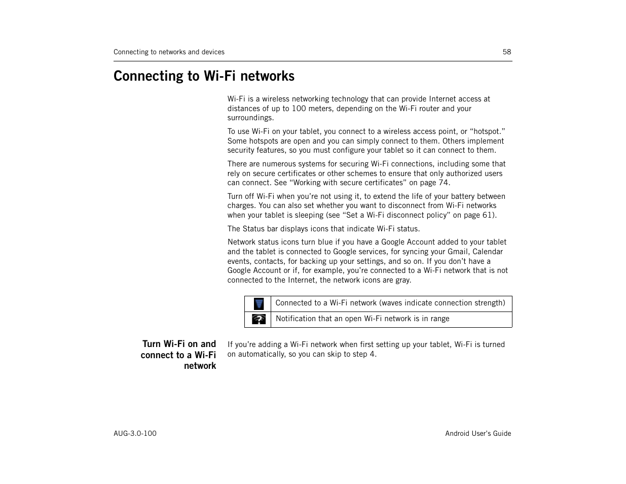 Connecting to wi-fi networks, Turn wi-fi on and connect to a wi-fi network, Connecting to wi-fi networks 58 | Ee “connecting to wi-fi networks” on | Google ANDROID AUG-3.0-100 User Manual | Page 58 / 140