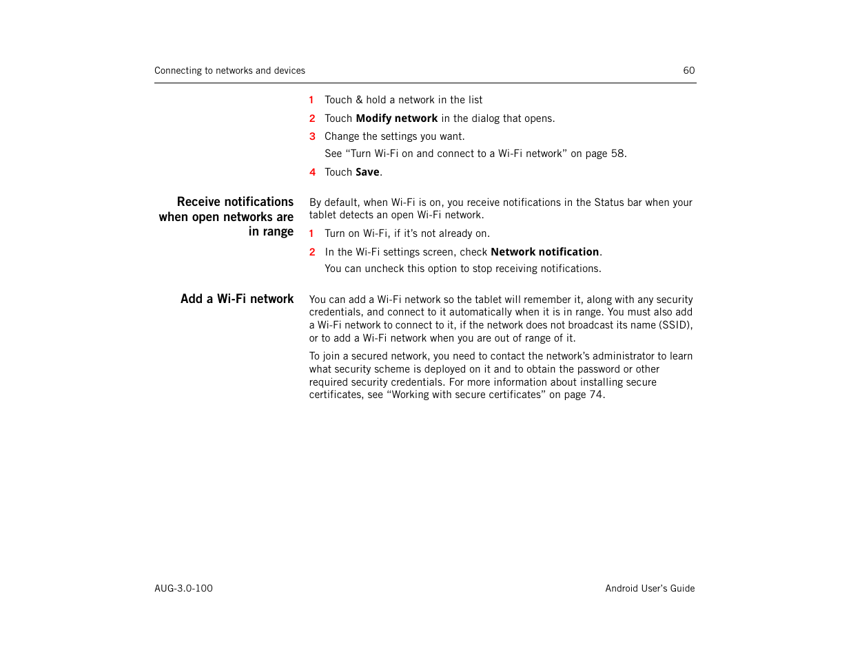 Add a wi-fi network | Google ANDROID AUG-3.0-100 User Manual | Page 60 / 140