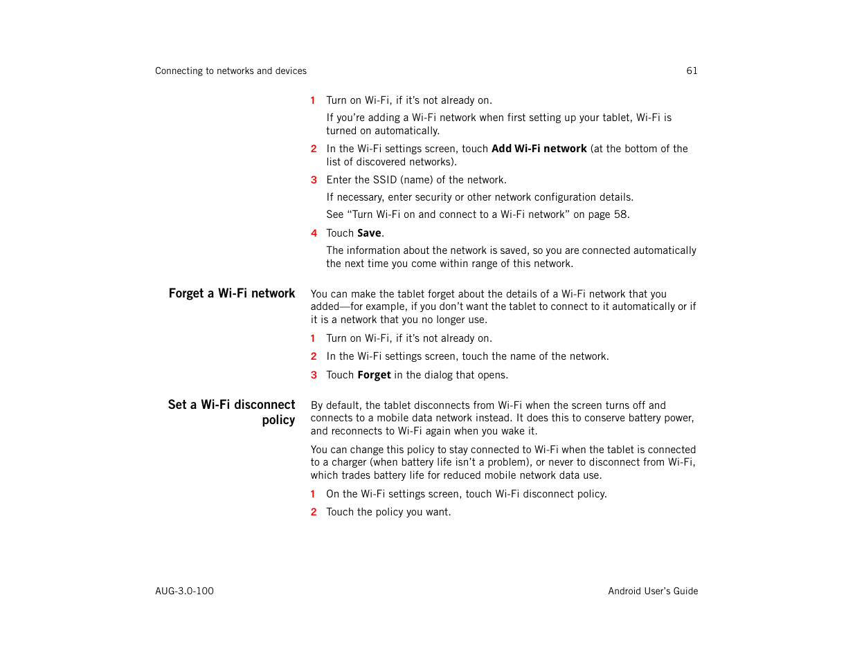 Forget a wi-fi network, Set a wi-fi disconnect policy | Google ANDROID AUG-3.0-100 User Manual | Page 61 / 140