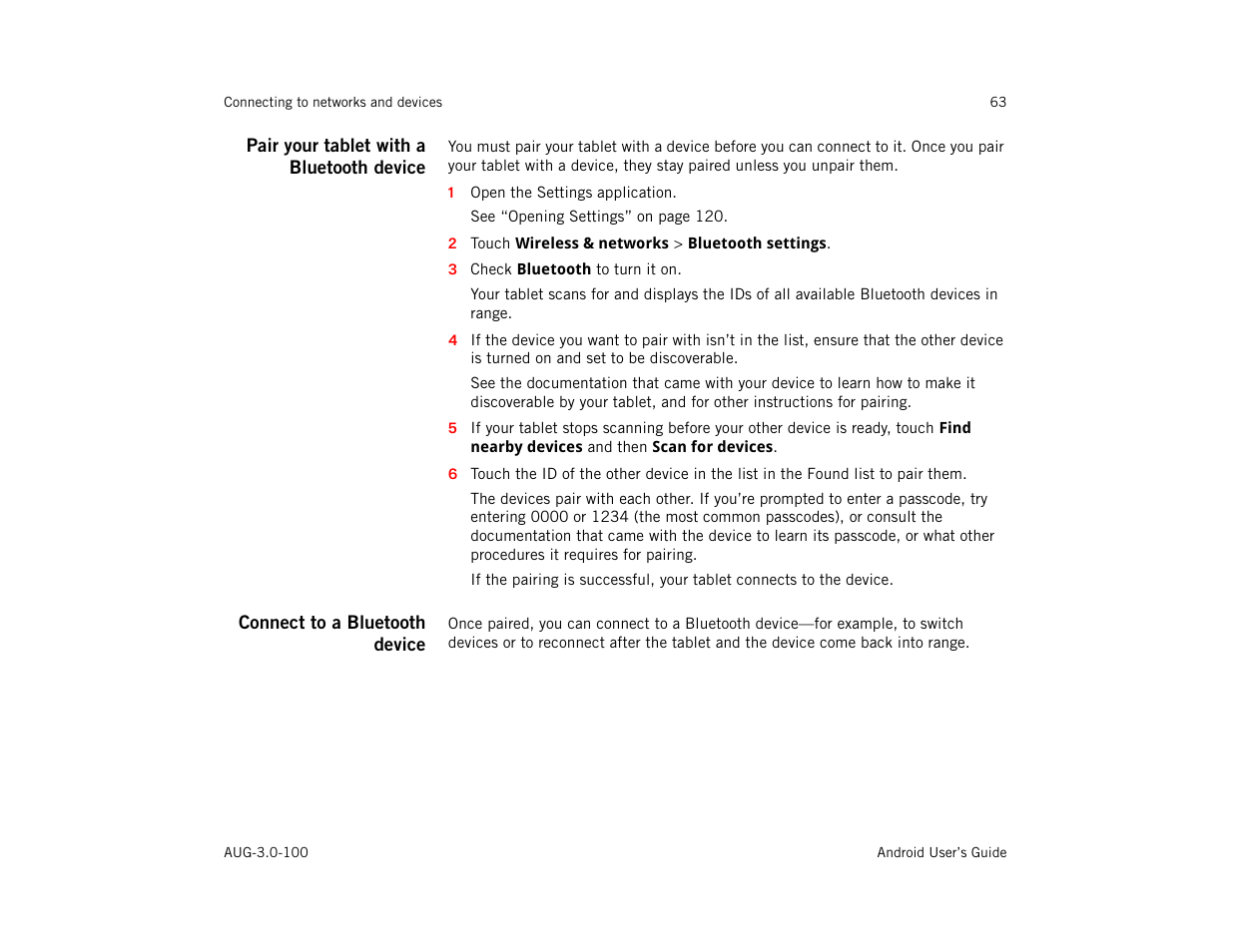 Pair your tablet with a bluetooth device, Connect to a bluetooth device | Google ANDROID AUG-3.0-100 User Manual | Page 63 / 140
