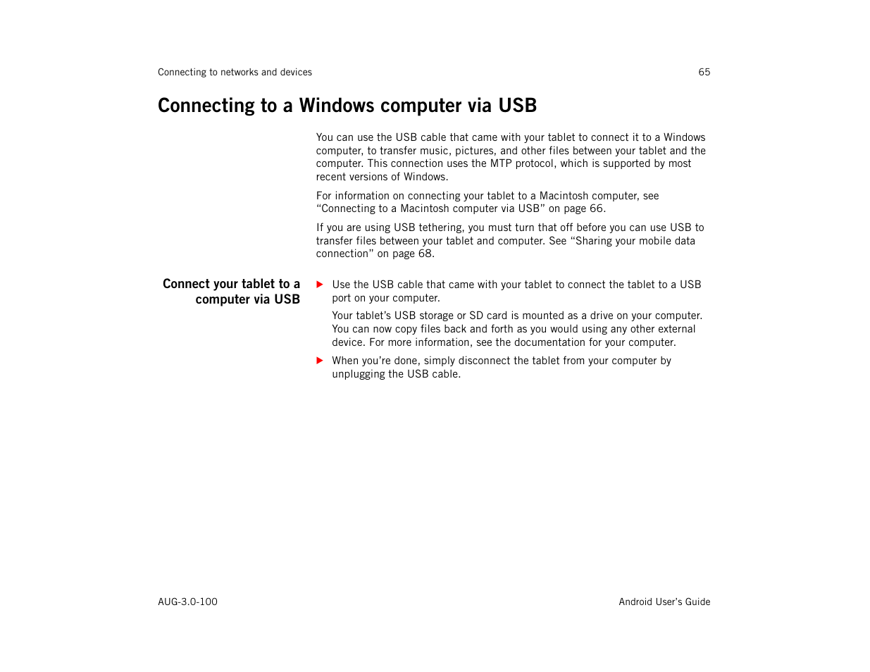 Connecting to a windows computer via usb, Connect your tablet to a computer via usb, Connecting to a windows computer via usb 65 | Google ANDROID AUG-3.0-100 User Manual | Page 65 / 140