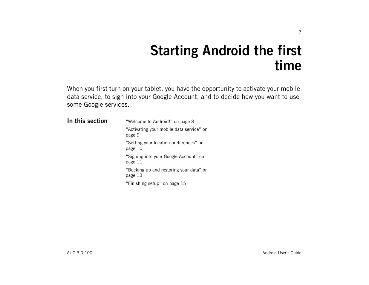 Starting android the first time, Starting android the first time 7 | Google ANDROID AUG-3.0-100 User Manual | Page 7 / 140