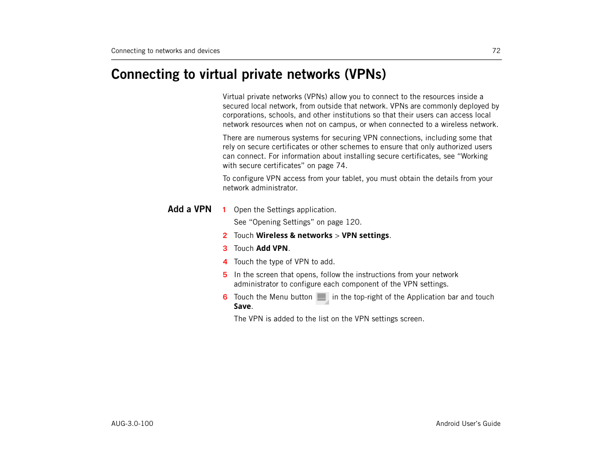 Connecting to virtual private networks (vpns), Add a vpn, Connecting to virtual private networks (vpns) 72 | Google ANDROID AUG-3.0-100 User Manual | Page 72 / 140