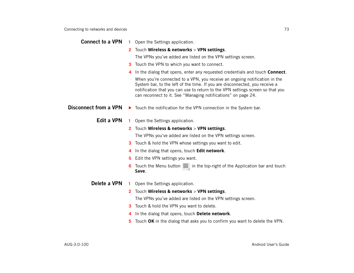 Connect to a vpn, Disconnect from a vpn, Edit a vpn | Delete a vpn | Google ANDROID AUG-3.0-100 User Manual | Page 73 / 140