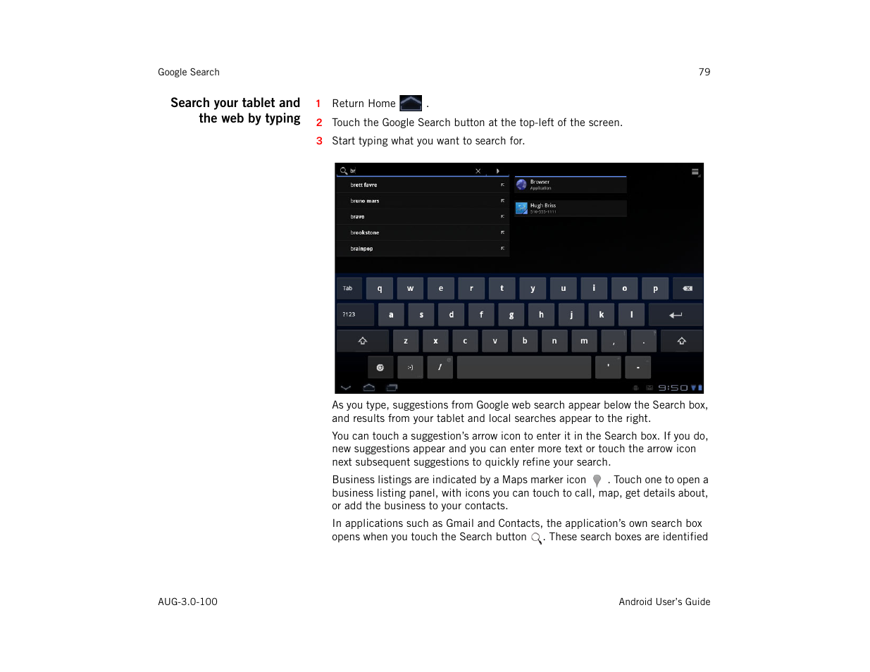 Search your tablet and the web by typing | Google ANDROID AUG-3.0-100 User Manual | Page 79 / 140