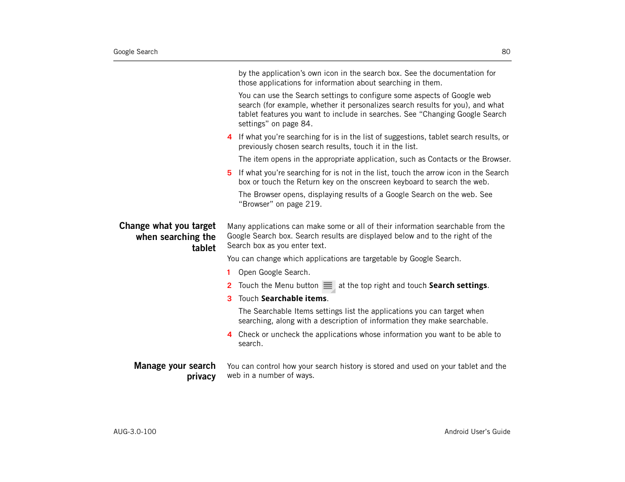 Change what you target when searching the tablet, Manage your search privacy | Google ANDROID AUG-3.0-100 User Manual | Page 80 / 140