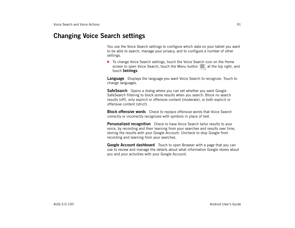 Changing voice search settings, Language, Safesearch | Block offensive words, Personalized recognition, Google account dashboard, Changing voice search settings 91 | Google ANDROID AUG-3.0-100 User Manual | Page 91 / 140