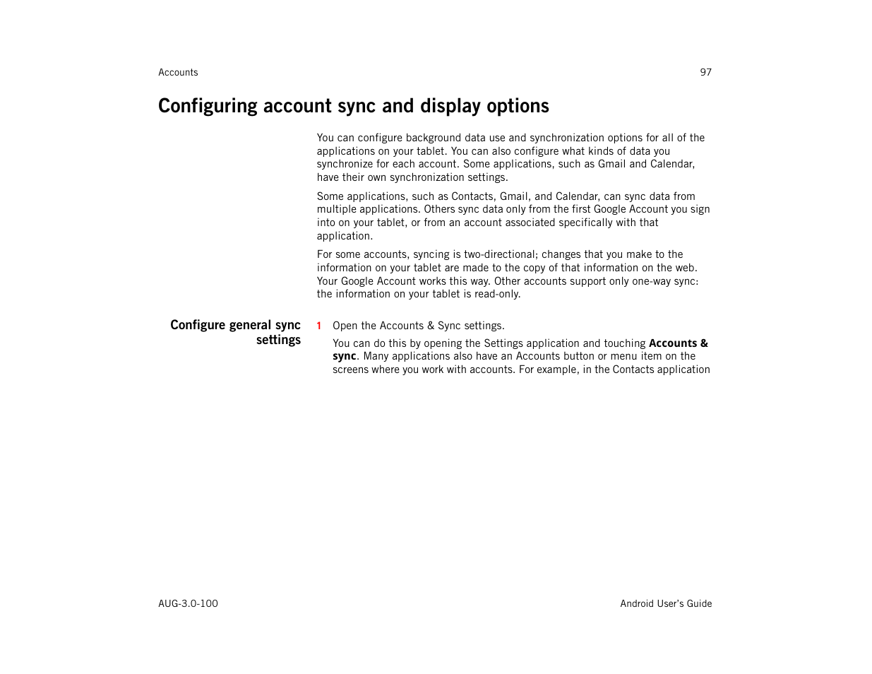 Configuring account sync and display options, Configure general sync settings, Configuring account sync and display options 97 | Google ANDROID AUG-3.0-100 User Manual | Page 97 / 140