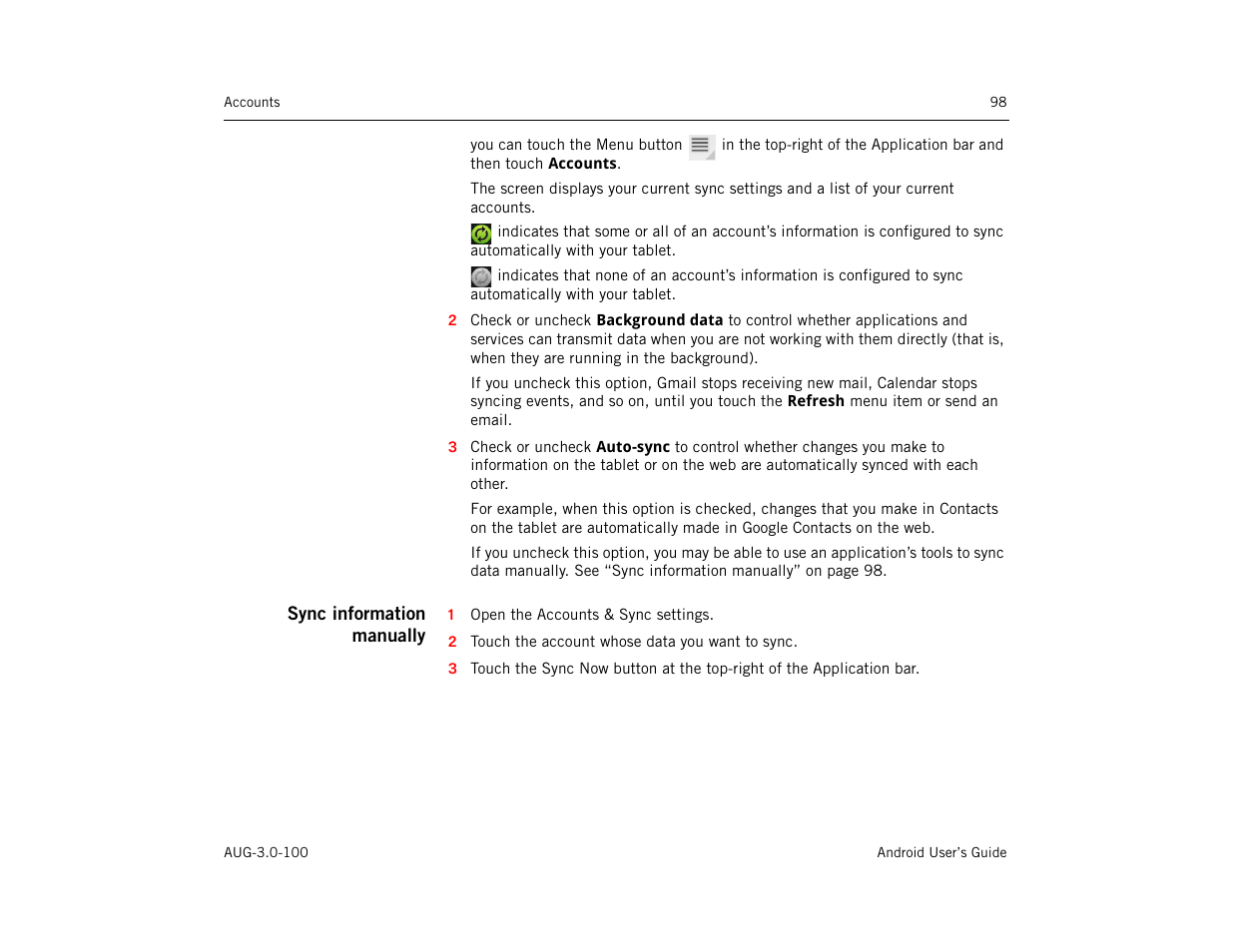 Sync information manually | Google ANDROID AUG-3.0-100 User Manual | Page 98 / 140