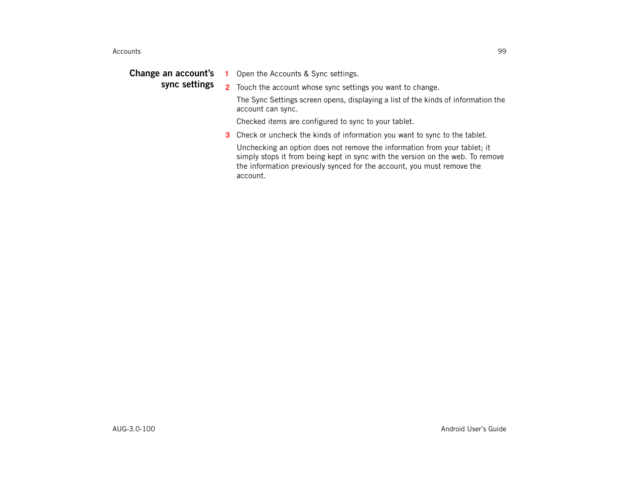 Change an account’s sync settings | Google ANDROID AUG-3.0-100 User Manual | Page 99 / 140